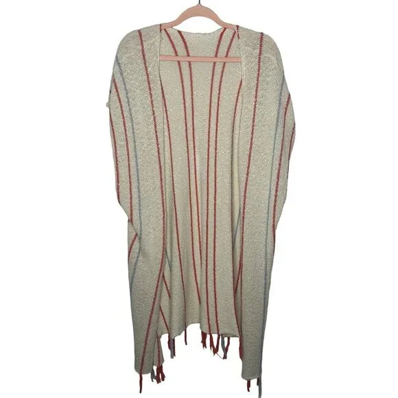 Women's cotton knit ivory stripe fringe boho duster cover up size s/m - Picture 3 of 9